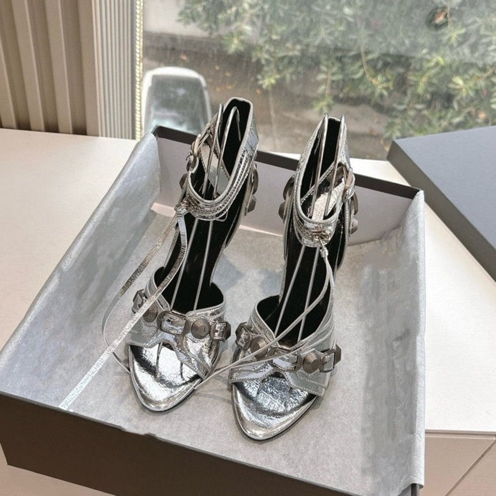 Metallic Silver Lace-Up High-Heel Sandals